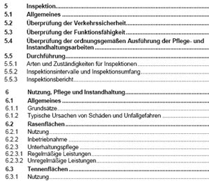 Auszug aus dem Inhaltsverzeichnis der Sportplatzpflegerichtlinien mit Vorgaben zur Verkehrssicherheit und Pflege