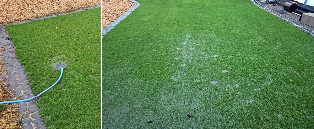 Abpumpen von Oberflächenwasser auf staunässegeprägter neuangelegter Rasenfläche im Winter 2024.